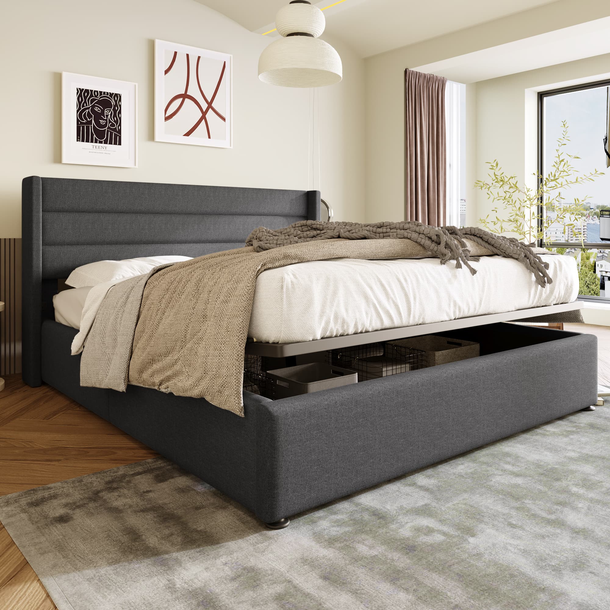 Storage Bed Upholstered Bed Hydraulic Double Bed 140x200cm,, Wooden Slatted Bed, Bed With Metal Frame Slatted Bed, Linen, Grey